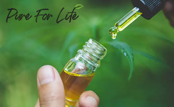 капкомер и шишенце с CBD масло, което се излива и конопено растение на заден фон